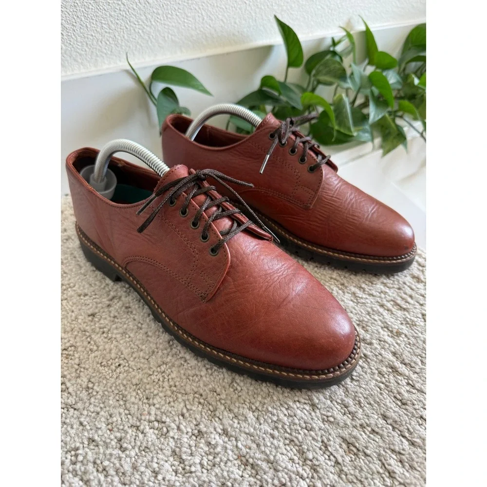 H.S. Trask Bison Leather Oxfords Men 9 W Cognac Lug Sole Derby VINTAGE 90s USA